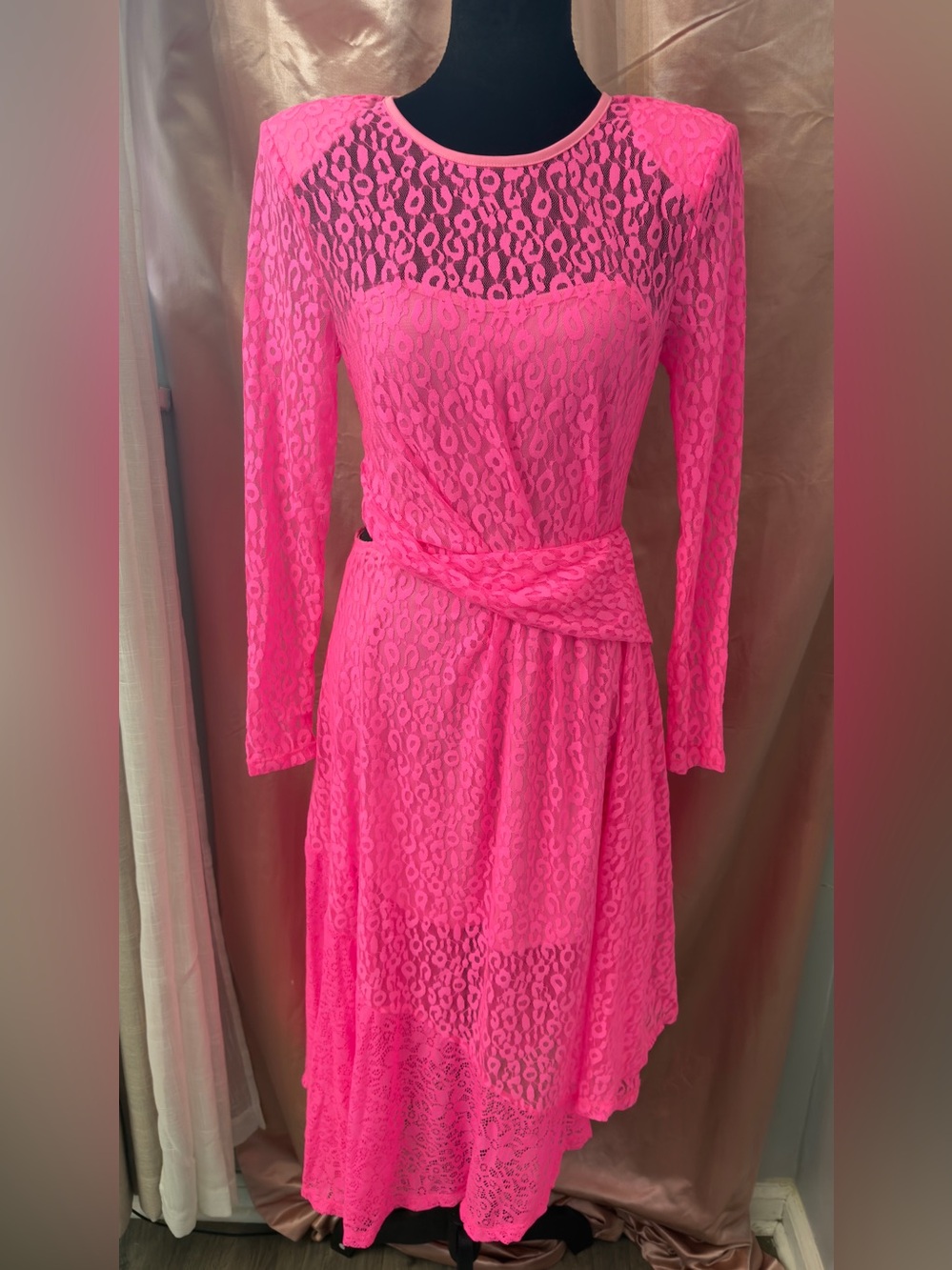 ASOS Hot Pink Lace Long-Sleeve Wrap Dress
